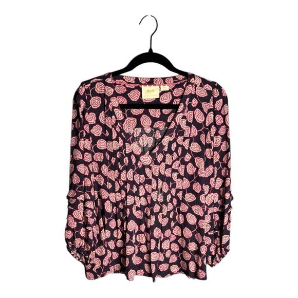 Maeve Pink and Purple Floral Print Pleated Front V Neck Blouse Size Small - Picture 1 of 7